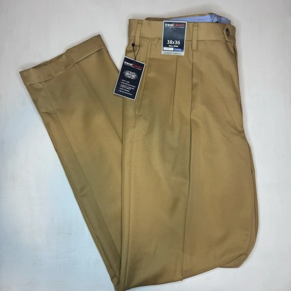 NWT Roundtree & Yorke Pants Travel Smart Mens Tall 38x36 Dress Tan Pleated - Picture 1 of 12